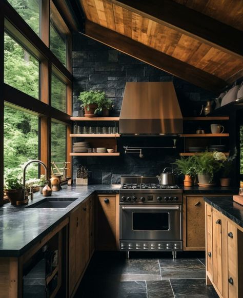 Modern Moody Cabin Design - Kitchen - Rustic Design - Copper Vent Hood - Interior Design Home Inspiration Kitchen Modern Rustic Design, Mountain Modern Farmhouse, Cozy Wood Interior, Modern Wood Design, Rustic Modern Cabin Interior Kitchen, Interior Design Copper, Indoor Cabin Ideas, Moody Cabin Kitchen, Mountain Cabin Interiors Rustic