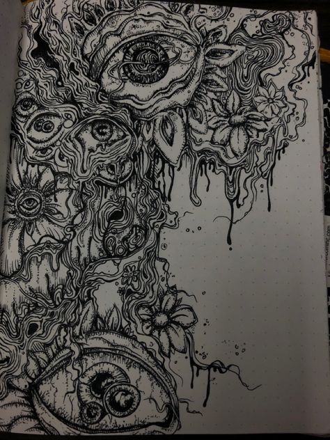 Hallucination Art Visual, Duality Concept Drawing, Detailed Sketches Sketchbooks, Creative Line Art Work, Morbid Sketches, Intricate Pen Drawings, Dark Pen Art, Trippy Pen Art, Sketchbook Art Inspiration Pen