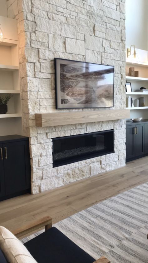 Winery Home Decor, Lannon Stone Fireplace, Stone Fireplace Decor With Tv, 72 Inch Fireplace, Elongated Fireplace Ideas, Modern Stone Fireplace Ideas With Tv, Low Fireplace Mantle With Tv, Living Room With Off Center Fireplace, Rectangular Fireplace With Tv Above