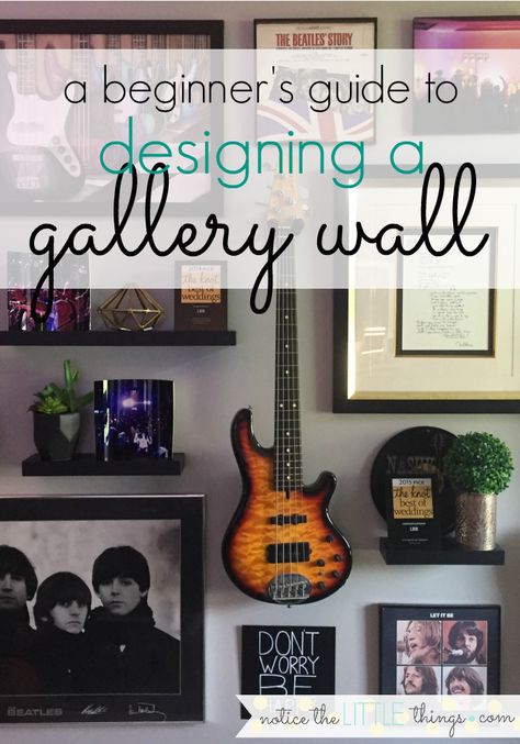 have you always wanted a gallery wall but you weren't quite sure where to start? me too. when i asked my husband what he wanted for christmas, i did NOT think he would say a gallery wall. i have an aversion to putting nail holes in walls. but i found a magical picture hanging tool and determined to make this task less overwhelming. it actually wasn't so bad and we LOVE the finished product. Musician Gallery Wall, Man Cave Gallery Wall, Rock And Roll Gallery Wall, Framed Concert Posters On Wall, Guitar And Record Wall, Rock And Roll Office, Hang Guitar On Wall Ideas, Guitar Hanging Ideas Bedroom, Guitar Gallery Wall