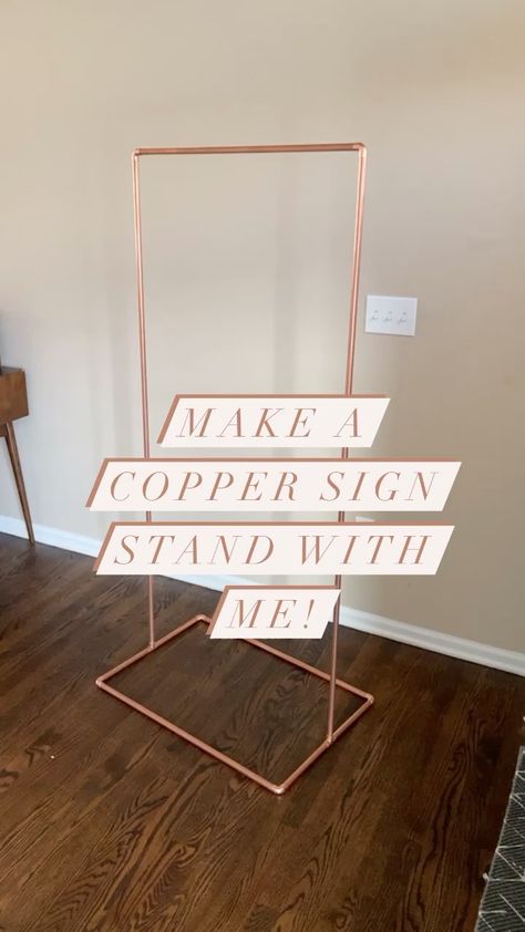 bespokebybritt on Instagram: Sharing how I made my copper sign stand! Super easy diy to incorporate into your wedding day! #copper #coppersignstand #coppersign… Copper Wedding Sign Stand Diy, Copper Pipe Wedding Sign, Party Stands Diy, Diy Sign For Business, Diy Wedding Sign Holder, Diy Welcome Wedding Sign Entrance, Diy Hanging Sign Stand, Diy Signage Ideas, Pvc Sign Stand