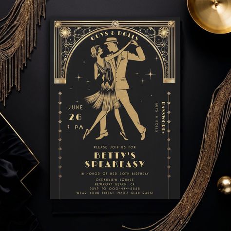 A roaring good fun awaits with this elegant birthday party invitation with a roaring 20s theme, featuring a deco frame and the silhouette of a flapper dancing with her partner. A perfect birthday party invitation template for a Great Gatsby theme, in gold and black. Whether for a 40th, 50th, 60th, 70th or 80th birthday party, or for a roaring twenties, this vintage art deco nouveau frame in black gold foil theme (digital effect) will shine bright. A roaring 20s speakeasy theme party for a doll o Speakeasy Party Theme, Speakeasy Theme Party, 40s Theme Party, The Great Gatsby Party Theme, Speakeasy Birthday Party, 1920s Speakeasy Party, Flapper Dancing, Gatsby Bachelorette Party, 20s Speakeasy