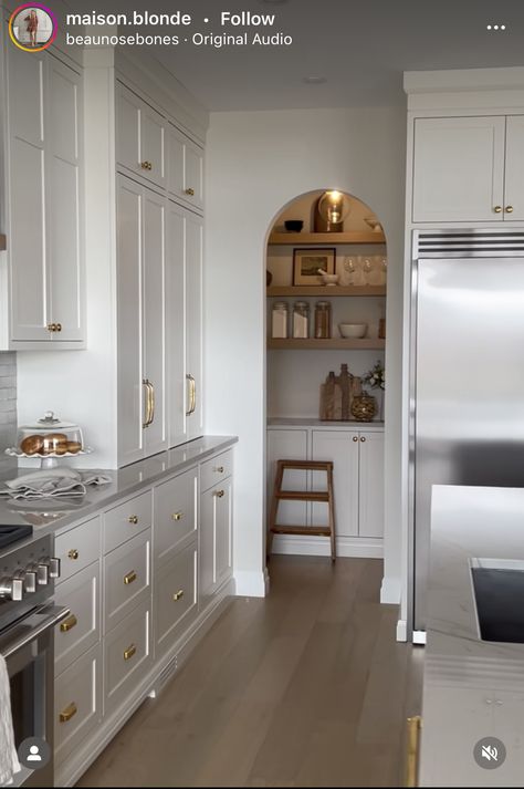 Transitional Butlers Pantry, Pantry Arched Door, Arched Butlers Pantry, Arch Pantry Entry, Arches In Kitchen, Corner Butlers Pantry, Arch Pantry, Narrow Butlers Pantry, Arched Pantry Door