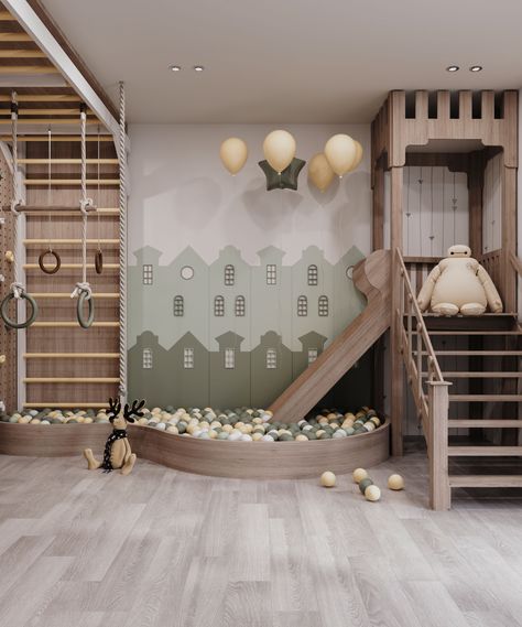 Kids Playing Room :: Behance Playroom With Rock Wall, Play Room Boy Kids, Playroom For Grandkids, Playroom Inspiration For Kids, Indoor Playground Basement, Nature Playroom, Kids Basement Playroom, Playroom Aesthetic, Boys Playroom Ideas