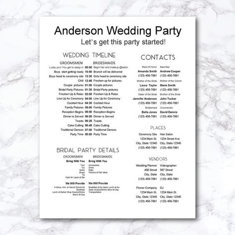 "We know how hectic the day of a wedding can be. How do you tell your bridal party what they are expected to do, at what time, and where to be the day of the wedding without coming off as a Bridezilla. This timeline will allow you to give precise details on the wedding day schedule, contact information of those most active in the wedding planning, and vendor details that might come in handy if a phone call or trip needs to be made. Simply download, edit, and print!  File is US Letter size 8.5\" Bridesmaid Timeline Day Of Wedding, Simple Wedding Timeline Day Of, Sample Wedding Itinerary, Wedding Party Duties, Day Of Wedding Schedule, Day Of Timeline Wedding, Wedding Timeline Day Of 4pm, Wedding Timeline Day Of 3pm Ceremony, Wedding Without Bridal Party