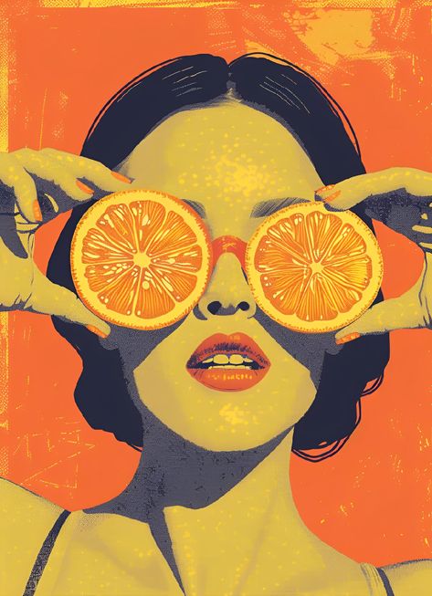 Save & follow PixelSynth for more captivating art! This vibrant digital artwork showcases a close-up of a person playfully holding two orange slices in front of their eyes. Created in a stylized, modern pop art style, this piece uses bold, warm tones with an eye-catching orange background. Originated in the mid-20th century, pop art leverages everyday imagery and bright colors to captivate audiences. Its graphic, comic-inspired textures bring a unique flair to this joyful portrait.  #PopArt #DigitalArt #ModernArt #ColorfulArt #ArtisticExpression Pop Art Color Scheme, Italian Pop Art, Hyper Pop Art, Bright Orange Aesthetic, Pop Art Branding, Pop Art Product Photography, Pop Art Collage Graphic Design, Pop Art Food Photography, Orange Pop Art