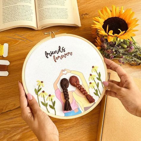 Stitch the roots of your friendship with threads of LOVE 💖... The best gifts for your bff a memory embroidered by you ! Shop now..🥳 📝 Dm for direct order... Customisation available for your mindset... . . . #embroideryhandmades #friendship #giftsforfriends #memorykeeping #friendsforever #memorybyembroidery #handmadehoops❤️ Embroidery Hoop Designs, Friendship Embroidery, Hand Embroidered Jewelry, Embroidery Hoop Art Diy, Diy Embroidery Kit, Embroidered Jewelry, Embroidery Diy, Handmade Embroidery Designs, Embroidery Gifts