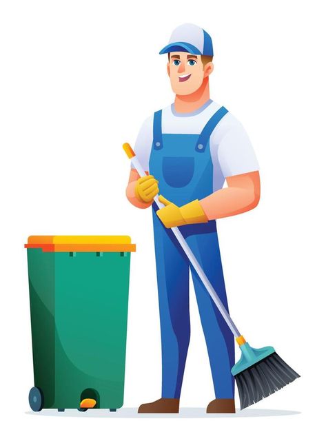 Cleaning service man with broom and trash can. Male janitor cartoon character Cleaning Cartoon, Cleaning Woman, Service Illustration, Mr Clean, Eco Friendly Cleaning Products, Vector Game, Weekly Cleaning Schedule, Commercial Cleaning Services, Service Women