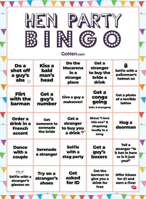 Hen Party Bingo | GoHen.com #henpartybingo #bingogame #henpartygames #hendogames #girlsnightgames #girlsnightout #girlsnight #bingo #bingogameprintable #printablegames #hensnightgames #bridalshowerbingo #henpartyideas Hens Party Bingo, Party Bingo Game, Hen Party Bingo, Hen Do Bingo, Hen Decoration Ideas, Hen Do Ideas Activities, 2023 Bingo Card, Hens Party Decorations, Bachelorette Party Bingo