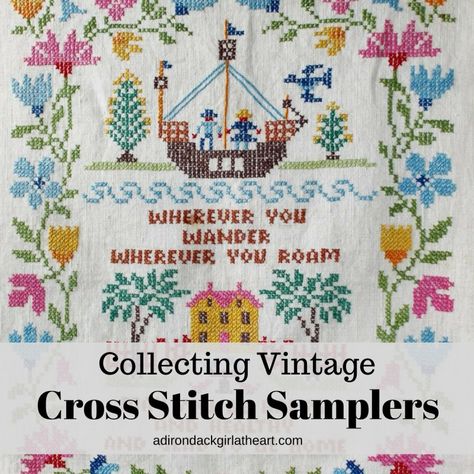 Collecting I Vintage I Cross Stitch Samplers I adirondackgirlatheart.com #collecting #vintage #crossstitch #sampler Free Vintage Cross Stitch Patterns, Vintage Samplers, Cross Stitch Sampler Patterns, Vintage Guide, Vintage Cross Stitch Pattern, Vintage Sewing Notions, Vintage Cross Stitch, Stitch Sampler, Cross Stitch Letters