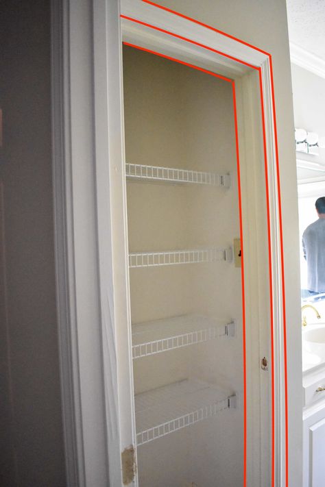 transforming a linen closet into a built-in with open shelving Open Bathroom Linen Closet, Linen Closet To Open Shelves, Linen Closet Renovation, Open Closet In Bathroom, Small Linen Closet Makeover, Open Bathroom Closet, Open Linen Closet In Bathroom, Bathroom Open Shelving Storage, Diy Bathroom Closet