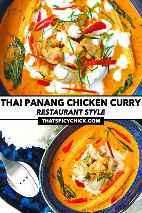 This Thai Panang Chicken Curry is full of rich, creamy, spicy and sweet nutty flavors! It’s quick and easy to make in just 40 minutes, customizable with your favorite veggies and protein, and irresistibly delicious with steamed rice! #panangcurry #Thaifood #weeknight #onepot #glutenfree #dairyfree #panang #curry #thaicurry #easyrecipes #dinner #chickencurry | That Spicy Chick Panang Curry Chicken, Curry Panang, Panang Chicken, Thai Panang Curry, Panang Curry Recipe, Curry Easy, Chicke Recipes, Panang Curry, Healthy Party Food