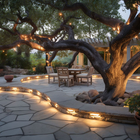 15 Gorgeous Flagstone Patio Ideas Backyard Patio Hardscape, Flagstone Side Yard, Large Paver Patio Ideas Backyards, Paver Patio Around Tree, Pacer Patio Ideas, Patio With Tree In Middle, Large Stone Patio, Flag Stone Pathways, Concrete Patio Fire Pit Ideas