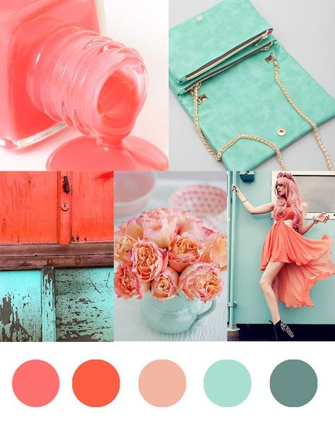 So I just found out that I am heading to Miami for a weekend in June, and decided to put together a beachy, bright, Miami-esque color palette for project inspiration. Fun sea-foam green and peachy … Coral Color Schemes, Coral Colour Palette, Wedding Themes Summer, Teal Coral, Color Schemes Colour Palettes, Bathroom Color, Summer Wedding Colors, Colour Board, Design Web