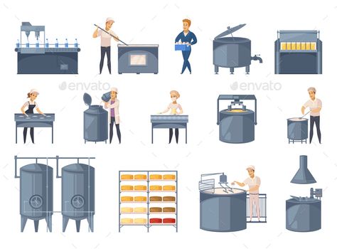 Dairy Production Cartoon Icons Set Cheese Farm, Factory Layout, Milk Processing, Christmas Party Poster, Cheese Factory, Cheese Making, Music Festival Poster, Food Processing, Green Business