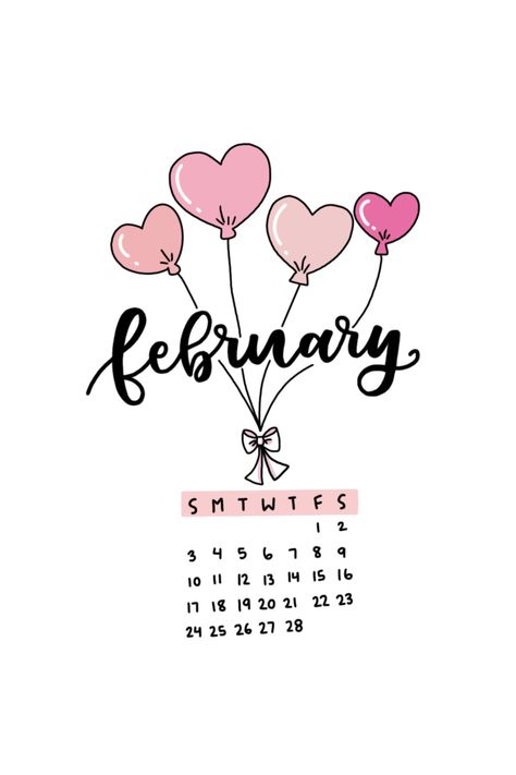 February Calendar Doodles, February Calendar Ideas, February Journal Cover Page, February Monthly Planner, Bujo Themes February, Heart Ballon, Bullet Journal Month Cover February, Febuary Spreads Bullet Journal, February Bullet Journal