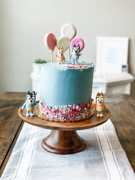 Bluey Cake Ice Cream, Third Birthday Cake Girl, Birthday Cake Bluey Theme, Bluey Cake Ideas Easy, Third Birthday Bluey, Simple Bluey Cake Ideas, Pink Bluey Birthday Cake, Bluey Third Birthday Girl, Second Birthday Bluey