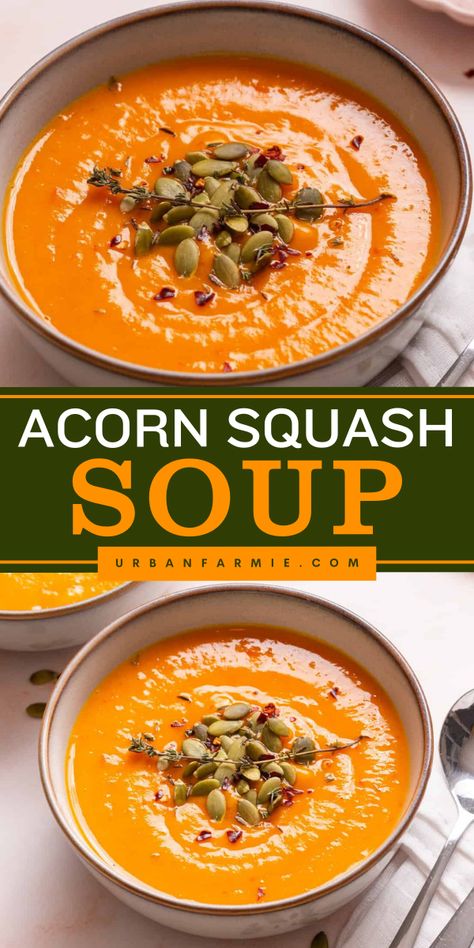 Warm your chilly days with this fall soup recipe! This Acorn Squash Soup recipe features a hearty and filling soup with acorn squash, red peppers, and flavorful spices. Serve it with crusty French bread for a fall comfort food for dinner! Squash Leek Recipes, Leftover Acorn Squash, Gluten Free Acorn Squash Recipes, Pepper Squash Soup, A Corn Squash, Lakota Squash Recipes, Clean Eating Soup Recipes Healthy, Squash Soup Acorn, Golden Acorn Squash Recipes