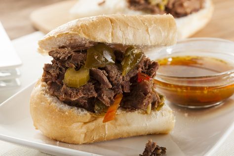 Au Jus Recipe, Italian Beef Recipes, Beef Sandwich Recipes, Venison Roast, Jeff Mauro, Slow Cooker Italian Beef, Italian Beef Sandwiches, Italian Beef, Beef Sandwich