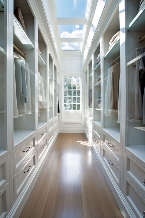 Walk Through Closet Into Bathroom, Long Narrow Walk In Closet Design, Two Level Closet, Walk Around Closet Behind Bed, Large Narrow Bedroom Ideas, Organisation, Walk In Closet From Bathroom, Walk In Closet Bump Out Addition, One Sided Walk In Closet Ideas