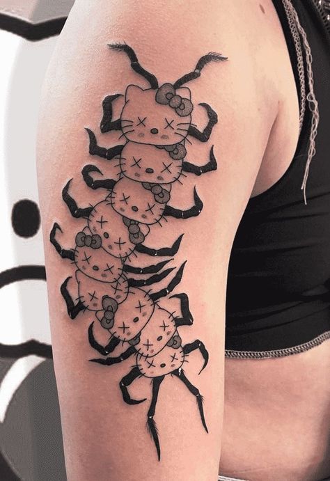 Hello Kitty Spine Tattoo, Edgy Hello Kitty Tattoo, Cute Tattoo Sleeve Ideas, Dark Hello Kitty Tattoo, Hello Kitty Skeleton Tattoo, Emo Tattoos Ideas, Emo Hello Kitty Tattoo, Scary Hello Kitty Tattoo, Hello Kitty Sleeve Tattoos