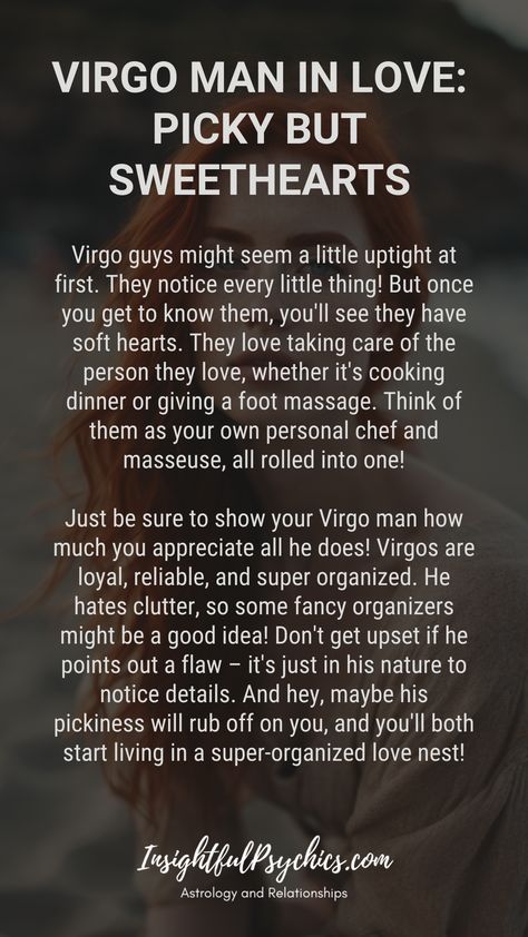 Virgo men can be picky, but they're total sweethearts underneath. They love showing their love by helping out. Be sure to return the favor! Virgos are loyal and organized, but they can be critical – try not to take it personally! Hashtags: #Virgo #earthsign #practical #detailoriented #love #virgoman #virgomen Virgo Quotes Men, Virgo Flirting, Virgo Men Traits, Virgo Boyfriend, Virgo Scorpio Compatibility, Virgo Traits Men, Virgo And Pisces Compatibility, Virgo Male, Zoadic Signs