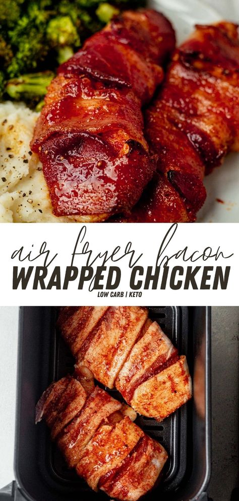 Flavorful spices and a sweet glaze coat this air fryer bacon wrapped chicken breast. The crispy bacon keeps the chicken juicy and tender. This dish is full of protein and it's also lower in carbs. This flavorful, tender chicken cooks in minutes. Bacon Wrapped Chicken Recipes, Bacon Wrapped Stuffed Chicken, Bacon Wrapped Cheese, Chicken Breast With Bacon, Bacon Wrapped Chicken Breast, Air Fryer Bacon, Bacon Wrapped Chicken Tenders, Sweet Glaze, Cheese Stuffed Chicken