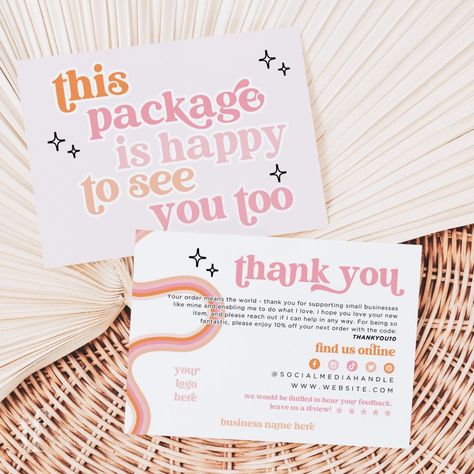 When you sell your fabulous product, don’t forget to say thank you to your customer and keep them coming back again and again! The little details matter, and including a package insert thank you card elevates your brand experience to a whole new level. Delight your customers and encourage repeat sales. This pastel pink card template is the perfect way to share any messages about your product. Attract repeat customers by thanking them and offering them a promo code within your packaging. Encourage your customers to follow you on Social Media or sign up for email. You will thank yourself for thanking your customers! :) This DIY (do-it-yourself) template is fully customizable and very simple to use. There is no software or fonts to download - Simply edit it in Canva (for free) using your PC, Pretty Shipping Packaging, Cute Business Thank You Cards, Pink Small Business Packaging, Product Pics Ideas, Stickers For Packaging Boxes, Thank You Cards For Packaging, Online Order Packaging Ideas, Packaging Thank You Card, Package Insert Ideas