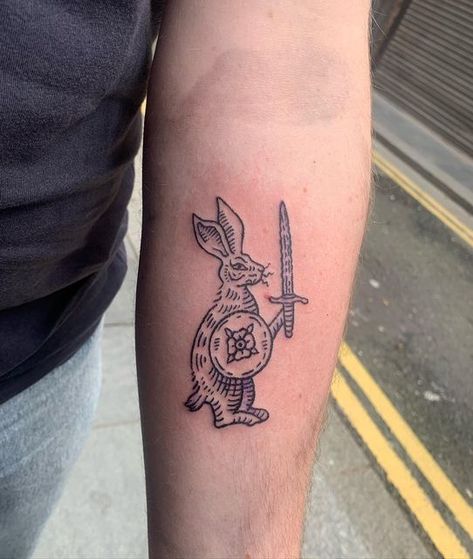 Medival Tattoo Design, Medieval Marginalia Tattoo, Tiny Castle Tattoo, Medieval Rabbit Tattoo, Ren Faire Tattoo, Mideaval Tattoo Design, Medieval Animal Tattoo, Medieval Wolf Tattoo, American Traditional Medieval Tattoo