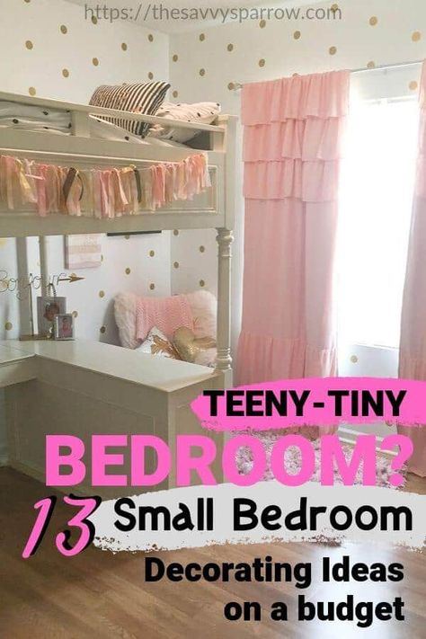 These are great small bedroom decorating ideas for girls room!  How to decorate a small bedroom!  Easy ways to make a small bedroom look bigger. #girlsroom #bedroom #smallbedroom #kidsroom #decor Kid Girls Bedroom Ideas, Small Bedroom Ideas Girls Room, Lofted Bed Small Room, Girls Bedroom Ideas For Small Rooms Kids, Decorating Ideas For A Small Bedroom, Girl’s Bedroom Ideas, Girls Room Makeover Diy Budget, Cool Bedroom Ideas For Small Rooms, Small Bedroom For Girls Ideas