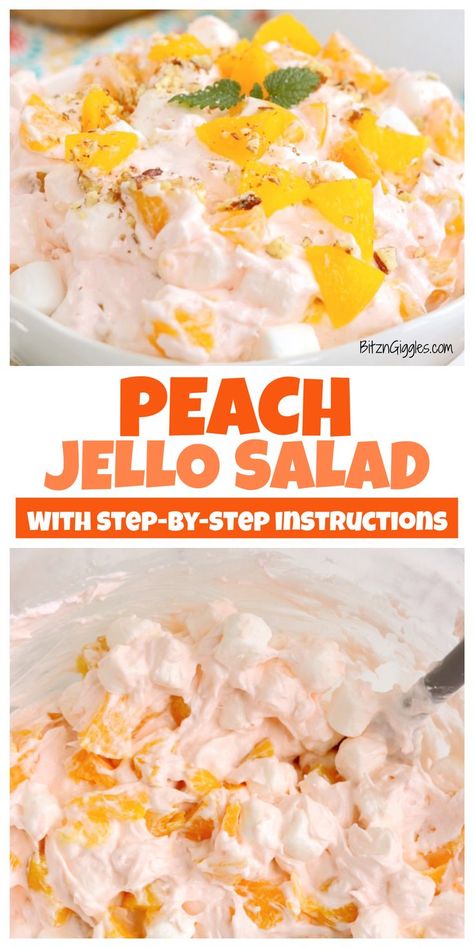 This Peach Jello Salad is perfect for summer. It's filled with juicy peaches and mini marshmallows enveloped in a creamy fluff, then sprinkled with chopped pecans. Peach Jello Salad, Jello Salad Recipes, Jello Deserts, Peach Jello, Jello Mold Recipes, Fluff Salad Recipes, Fresh Peach Recipes, Jello Flavors, Ambrosia Fruit Salad