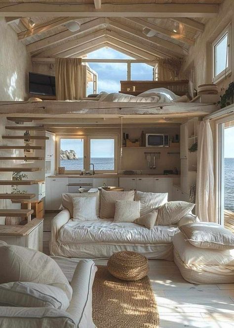 Guesthouse Ideas Interiors, Tiny House Kidsroom, Bali Inspired Tiny House, Tiny House Big Windows, The Nest Tiny House, Double Loft Tiny House Rustic, Tiny Mansion, Guesthouse Ideas, Alaska Cabin