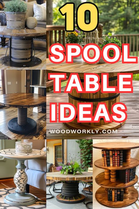 Explore creative spool table ideas and designs to add a unique touch to your home décor. Discover DIY inspirations and innovative ways to repurpose spools into functional furniture pieces. Dive into more on Woodworkly.com! #SpoolTable #DIYFurniture #HomeDecor #WoodworkingIdeas #HomeImprovement Read more on Woodworkly.com Giant Spool Table, Big Spool Table Ideas, Small Wood Spool Ideas, Wooden Spool Patio Table, Wooden Spool Decor Ideas, Wood Spool Table Ideas, Wood Cable Reel Ideas, Cable Spool Game Tables, Wood Spools Ideas