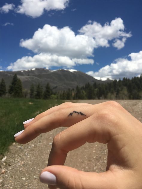 Moutain Tattoos Finger, Small Bear And Mountain Tattoo, Mountain Peak Tattoo Simple, Glacier National Park Mountain Tattoo, Mountain Finger Tattoo Simple, Mountain Tattoo Behind Ear, Finger Tattoos Mountain, Mountain Tattoo On Finger, Finger Mountain Tattoo