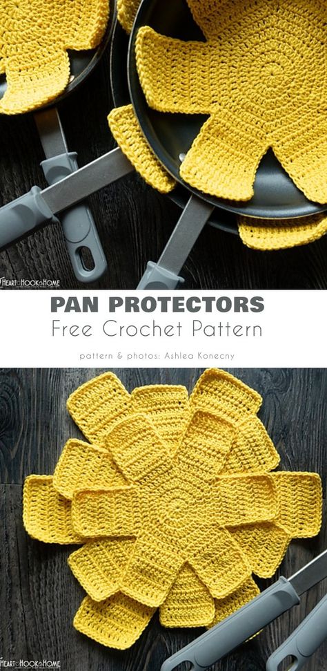 Pan Protectors Crochet Frying Pan Protectors, Crochet Appliance Covers Patterns, Crochet Pan Dividers, Pan Savers Crochet, Crochet Pot Dividers, Pan Protector Crochet Pattern, Crochet Toaster Cover Pattern Free, Crochet Around The House, Crochet Projects Kitchen