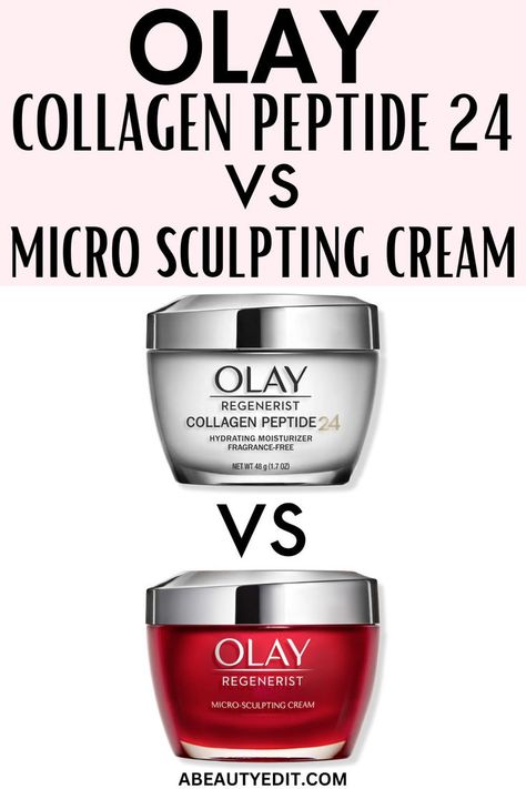 Olay Collagen Peptide 24 vs Regenerist Micro Sculpting Cream Olay Products, Peptide Moisturizer, Olay Moisturizer, Regular Skin Care Routine, Anti Aging Skincare Routine, Firming Skin, Collagen Benefits, Collagen Serum, Best Skin Care Routine