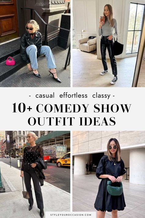 Wondering what hat to wear to a comedy club or what to wear to a comedy show at night? You’ll love these chic and modern comedy club outfit ideas for spring, summer, fall, and winter. These comedy show outfit looks are casual and some are dressier (date night approved), and work great for petite , mid size, and plus size women! How To Dress For A Comedy Show, Outfit To Wear To Comedy Show, Stand Up Show Outfit, Outdoor Comedy Show Outfit, Standup Comedy Show Outfit, Outfit Idea For Comedy Show, Casual Comedy Show Outfit, Outfit To Comedy Show, Comedian Show Outfit Ideas