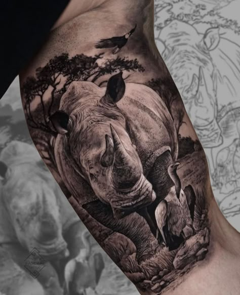 Safari Scene Tattoo, Big Five Tattoo, Rhino Tattoo Ideas, Realism Animal Tattoo, Safari Tattoo, Zebra Tattoos, Wilderness Tattoo, Leg Sleeve Ideas, Rhino Tattoo