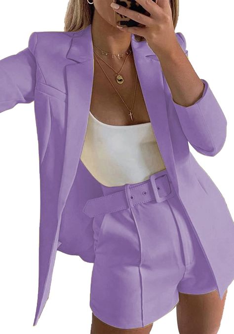 PRICES MAY VARY. ★NOTICE -- This Blazer Shorts Set is a little small,and the fabric has no stretchy. If you are petite, just take your usual size, if you have big breasts or hips,or you prefer wear loose and casual,pls order it go up One or Two Size,thanks Imported Pull-On closure Dry Clean Only 🌟Women blazer shorts set 2 piece outfits,casual blazer jacket,lapel collared,open front blazer comes with long sleeve,fashion belt shorts with pockets suit sets.Casual and business work office suits 🌟M Blazer E Short, Blazer Suit Women, Pant Suits For Women, Summer Suits, Blazer And Shorts, Casual Blazer, Cardigan Fashion, Short Suit, Blazer Fashion