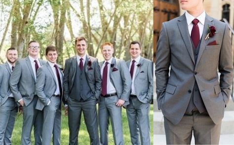 Burgundy and Grey Wedding Color Combos 2023, Burgundy Bridesmaid Dresses, Grey Groom Suit - ColorsBridesmaid Gray Suit Burgundy Tie, Grey Suit With Burgundy, Dark Grey Groomsmen Suits Burgundy Tie, Grey Suit Burgundy Tie, Grey Tuxedo Wedding Burgundy, Grey Suit Burgundy Tie Wedding, Grey And Burgundy Groomsmen, Grey And Burgundy Wedding, Burgundy Bridesmaid Dresses Grey Suits