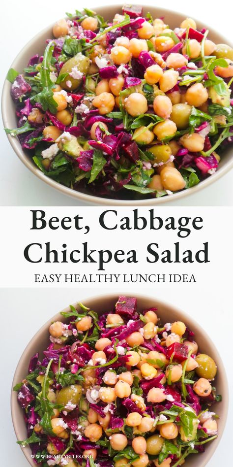 Mediterranean Beets Cabbage and Chickpea Salad - Beauty Bites Healthy Beet Salad, Recipes With Canned Sliced Beets, Good Healthy Recipes Lunch Ideas, Pickled Beet Salad Recipes, Pasta Salad With Beets, Beets Chickpeas Salad, Medditeranean Salad Recipes, Chickpea Beet Salad, Beet And Chickpea Salad