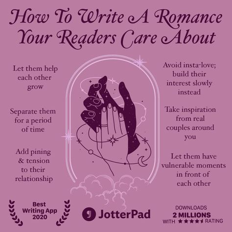 Are you planning on writing romance into your story as a subplot or a main theme? Whichever it is, it's important to get your readers… | Instagram Interests For Characters, Writing Tips For Romance, Book Writing Template Free Printable, Writing Slow Burn Romance, Romance Novel Ideas Writing Prompts, Romance Story Starters, Writing Story Tips, Slow Burn Romance Writing Tips, How To Write A Romance Book