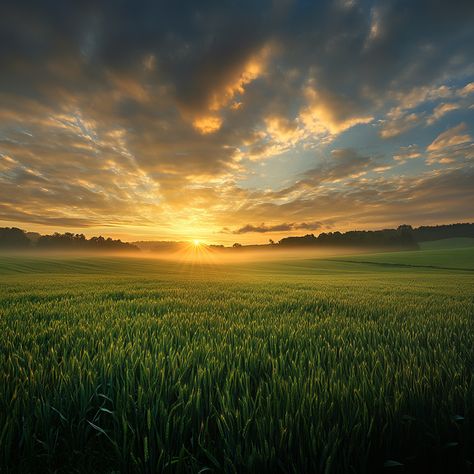 sunrise in a very calm land of green field Grasslands Aesthetic, Sunny Field, Grassy Field, Farm Logo, Green Field, Nature Pics, Green Pasture, Grass Field, Open Field