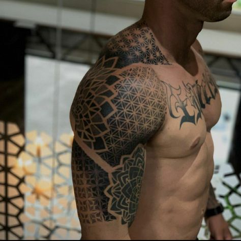 Geometric Mandala Leg Sleeve, Half Torso Tattoo Men, Mens Geometric Tattoo Sleeve, Negative Space Chest Tattoo, Geometric Tattoo Design Shoulder, Scales Tattoo Men, Mandala Shoulder Tattoo Men, Geometric Tattoo Men Sleeve, Mandala Geometric Tattoo Design