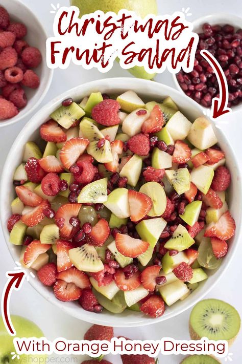 Winter Fruit Salad With Lemon Poppy Seed, Christmas Fruit Salad Ideas, Christmas Fruit Cups, Christmas Fruit Salad Recipes, Fruit Salad Winter, Orange Honey Dressing, Christmas Fruit Ideas, Fruit Wreath Christmas, Christmas Fruit Tray