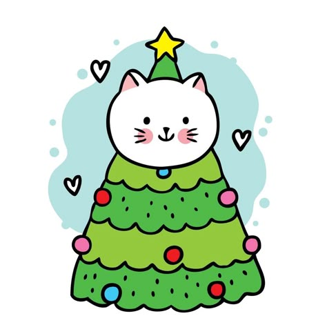 Christmas Tree Cat, Dress Vector, Funny Christmas Tree, Christmas Tree Dress, Draw Cartoon, Tree Cat, Christmas Tree Art, Christmas Card Art, Cat Cartoon