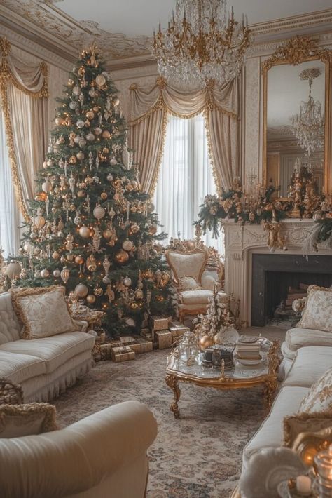 Vintage Christmas Living Room Charm Victorian Inspired Christmas Tree, Vintage Victorian Christmas Decorations, Elegant Vintage Christmas Decor, Elegant Christmas Aesthetic, Victorian Christmas Decor Ideas, White Victorian Living Room, Mansion Christmas Decor, Vintage Christmas Living Room, Victorian Christmas Aesthetic