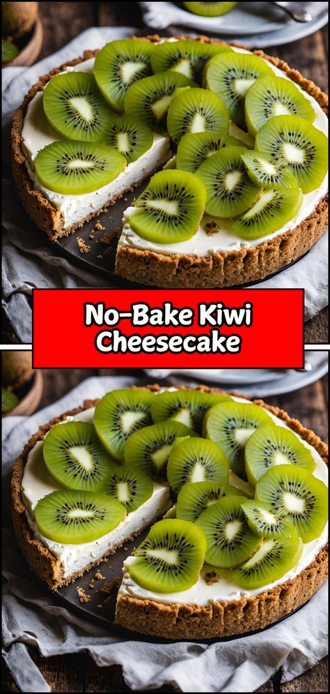 Treat yourself to the refreshing flavors of No-Bake Kiwi Cheesecake! 🥝🍰 This delightful dessert features a creamy cheesecake filling infused with tangy kiwi, all resting on a buttery graham cracker crust. Perfect for warm days, it requires no baking and is easy to prepare, making it an ideal treat for gatherings or a sweet ending to any meal. Top with fresh kiwi slices for a vibrant finish and a burst of flavor! #NoBakeKiwiCheesecake #RefreshingDesserts #EasyTreats #CheesecakeLovers Kiwi Cheesecake, New York Style Cheesecake, Cheesecake Lovers, Cheesecake Filling, Cracker Crust, Refreshing Desserts, Easy Treats, Creamy Cheesecake, Graham Cracker Crust