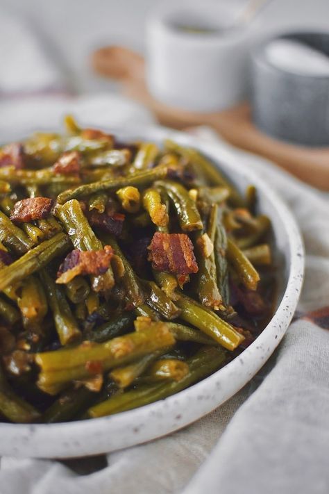 Southern Green Beans - KendellKreations Green Beans Bbq, Crock Pot Southern Green Beans, Soul Green Beans, Creole Green Beans, Homestyle Green Beans, Southern Green Beans Canned, Home Style Green Beans, Green Beans Recipe With Bacon, Honey Butter Green Beans