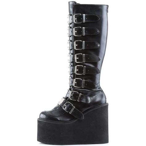 Demonia Swing 815 Goth Boots in Black Matte Vegan Leather. Some of the most lusted after, must-have Demonias! Classic tall Goth boots in an industrial buckled design - plenty of metal plated double buckle straps up the shaft and big stompy platform soles! The back metal zip closure is convenient and easy. The beautiful black vegan faux leather finish is stylish and cruelty-free. Material: Vegan Faux Leather/EVA sole. Platform: 5.5"/14cm Sole: 3"/7.6cm. Calf Circumference: 11.8"/30cm. Shaft Heigh Platform Boots Knee High, Punk Platform Boots, Leather Goth, Chunky Platform Boots, Ideal Aesthetic, Emo Fits, Goth Boots, Buckle Boot, Platform Boots Chunky